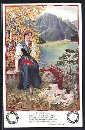 Künstler-AK T.Welzl: Frau sitzt traurig am See