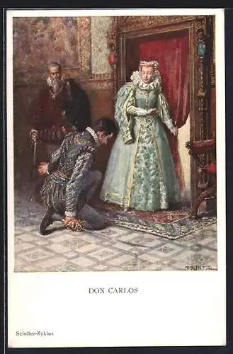 Künstler-AK M.Munk Nr. 1113: Szene aus Friedrich Schillers Don Carlo, Der Kniefall vor der Königin