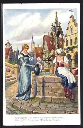 Künstler-AK Friedrich Kaskeline: Zwei Frauen am Brunnen beim Wasserholen