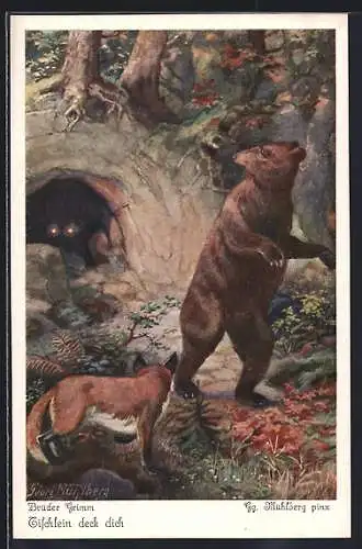 Künstler-AK Georg Mühlberg: Brüder Grimm, Tischlein deck dich, Nr. 6, Die böse Ziege in der Höhle verjagt Bär und Fuchs