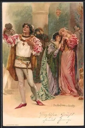 Künstler-Lithographie Der Kaufmann von Venedig, William Shakespeare, Schönling und schmachtende Fräuleins