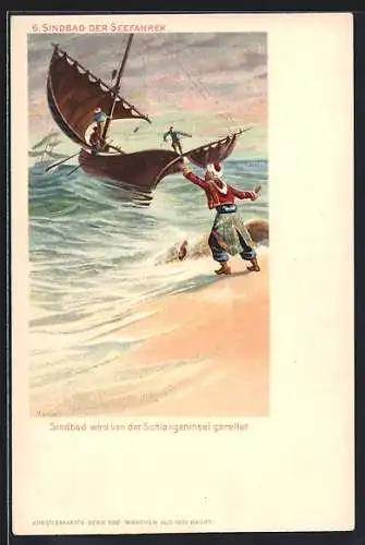 Lithographie Sindbad der Seefahrer, Sindbad wird v. d. Schlangeninsel gerettet, Märchen