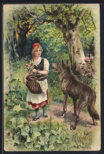 Lithographie Rotkäppchen, Märchen, Wolf
