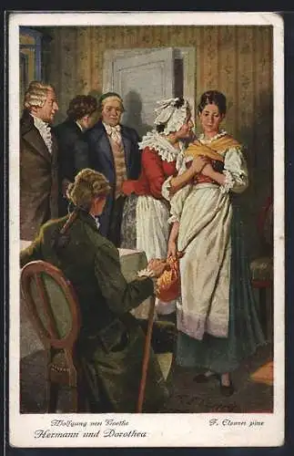 Künstler-AK F. Elssner: Wolfgang von Goethe, Hermann und Dorothea, Karte Nr. 6, Aber die Mutter ergriff mit beiden ...