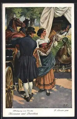 Künstler-AK F. Elssner, Goethe, Hermann und Dorothea, Frau in Zigeunerwagen
