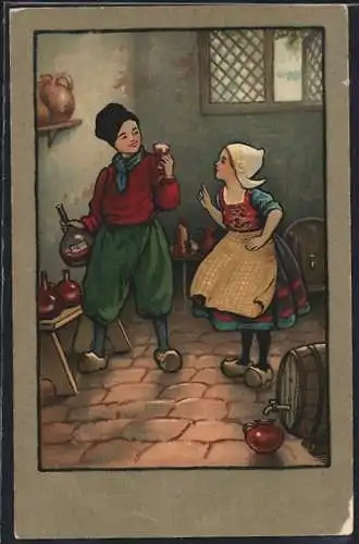 Künstler-AK Ethel Parkinson: Kinder in niederländischer Tracht probieren Wein