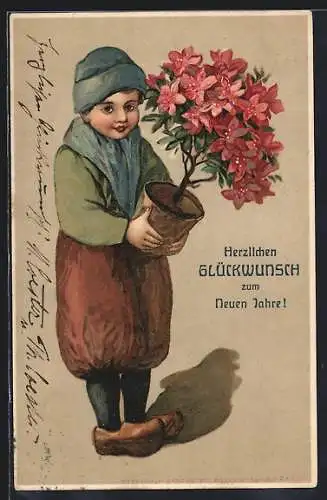 AK Kind mit Blumentopf, Neujahr