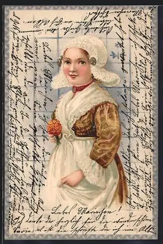 Lithographie Mädchen mit Blumen vor Delfter Kacheln, niederländische Tracht