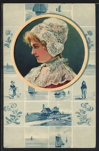 Präge-AK Niederländerin mit Haube, Segelboot, Blume, Passepartout