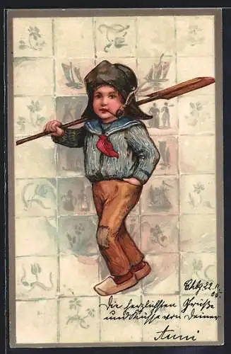 Lithographie Kleiner niederländischer Junge in Matrosenhemd und Holzschuhen