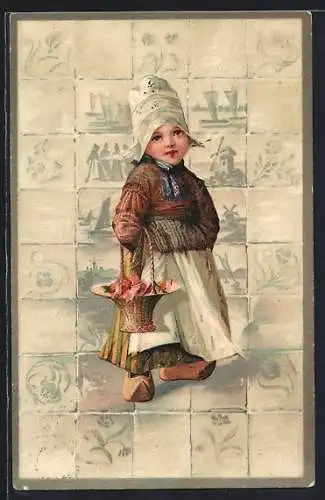 Lithographie Kleine Niederländerin mit Blumenkorb