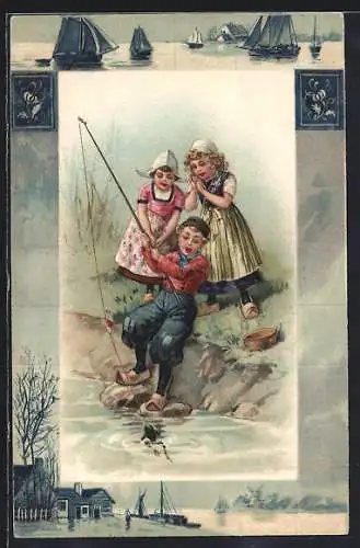 Präge-AK Drei niederländische Kinder beim Angeln, Segelboote, Windmühle, Passepartout