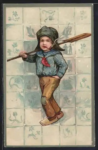 Lithographie Kleiner niederländischer Junge in Matrosenhemd und Holzschuhen