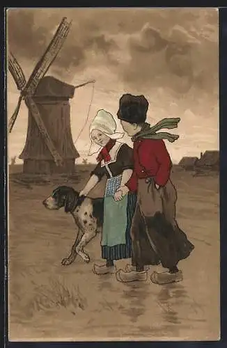 Künstler-AK M.Munk Nr.207: Junges Pärchen mit ihren Hund an einer Windmühle