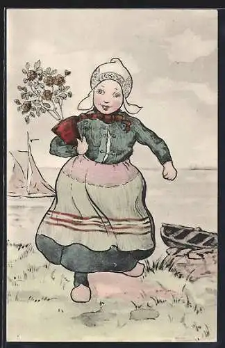 AK Niederländerin in Tracht mit einem Blumentopf