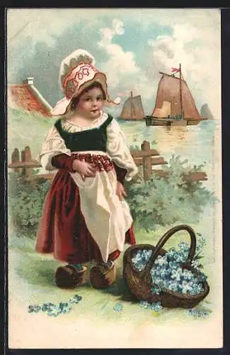 Präge-AK Niederländisches Mädchen in Tracht mit Blumenkorb