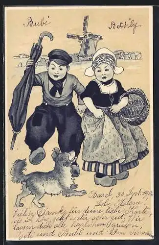 AK Niederländisches Pärchen mit einem Hund, Im Hintergrund Windmühle