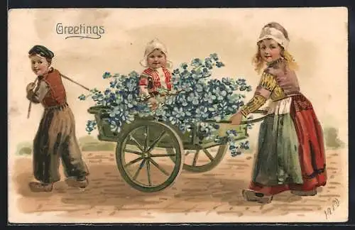 Präge-AK Niederländische Kinder mit einem Blumenwagen