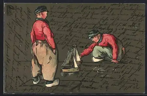 AK Zwei niederländische Jungen mit Spielzeugbooten