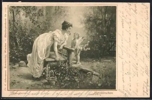 Künstler-AK Hans Zatzka: Frau mit Herzkirschen bei Amor