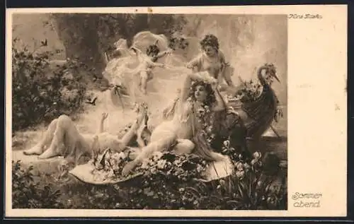 Künstler-AK Hans Zatzka: Frauen an einem Schiff mit kleinem Engel an einem Sommerabend