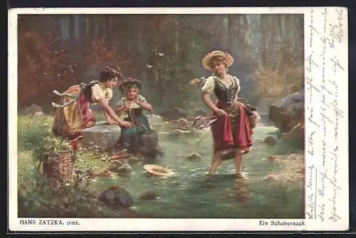 Künstler-AK Hans Zatzka: Drei Frauen bei einem Bach, eine steht im Wasser und zieht einen Strohhut hinter sich her