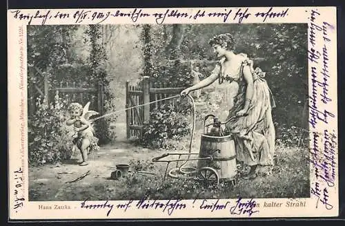 Künstler-AK Hans Zatzka: Frau bespritzt Amor mit Wasser