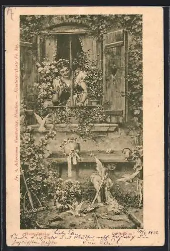 Künstler-AK Hans Zatzka: Amor versteckt sich unter dem Fenster einer Frau