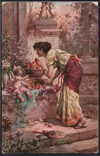 Künstler-AK Hans Zatzka: Amor verteilt Liebesäpfel