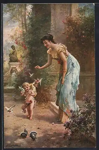 Künstler-AK Hans Zatzka: Amor erscheint der Frau als Vogelhändler