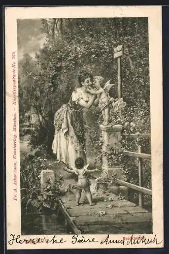 Künstler-AK Hans Zatzka: Amor verlangt Kuss einer schönen Dame als Brückenzoll