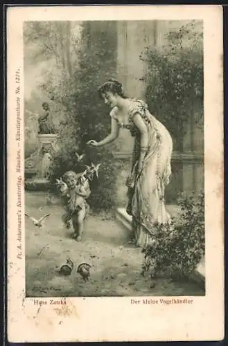 Künstler-AK Hans Zatzka: Frau beobachtet Amor mit Vögeln