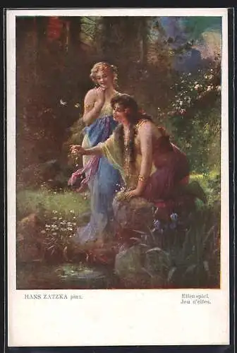 Künstler-AK Hans Zatzka: Elfenspiel, Frauen füttern Fische