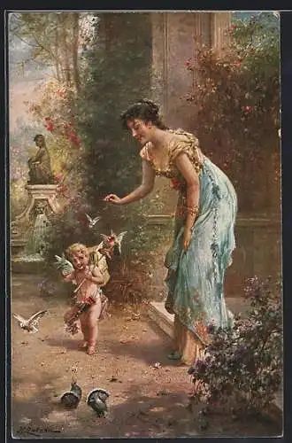 Künstler-AK Hans Zatzka: Amor erscheint der Frau als Vogelhändler