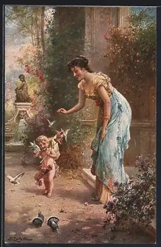 Künstler-AK Hans Zatzka: Amor erscheint der Frau als Vogelhändler