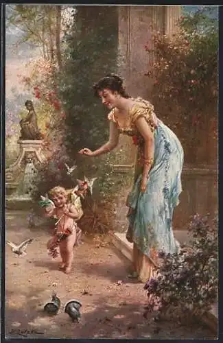 Künstler-AK Hans Zatzka: Amor erscheint der Frau als Vogelhändler