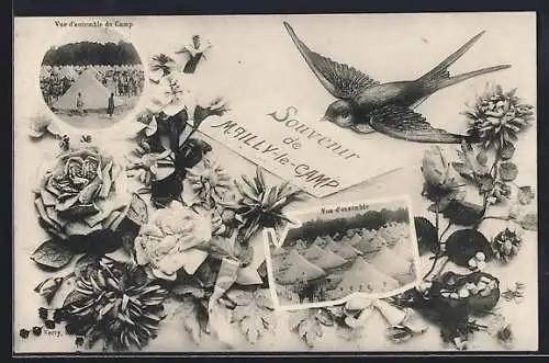 AK Mailly-le-Camp, Souvenir avec vues d`ensemble du camp et fleurs décoratives