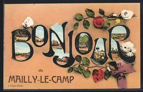 AK Mailly-le-Camp, Montage florale avec vue intégrée et message de salutation
