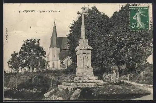 AK Poivres, Église et Calvaire devant les arbres