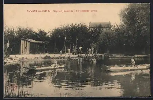 AK Nogent-sur-Seine, Plage de Jolaiville, Établissement Jolain avec canoës sur l`eau