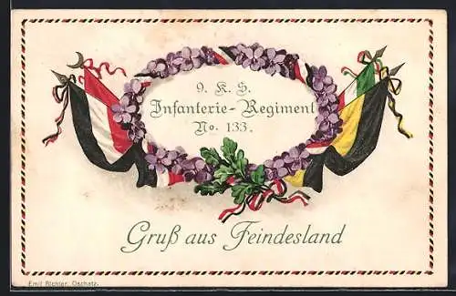 AK Blumenkranz der 8. K.S. Feldartillerie-Regiment No. 78, Zweibund-Flaggen