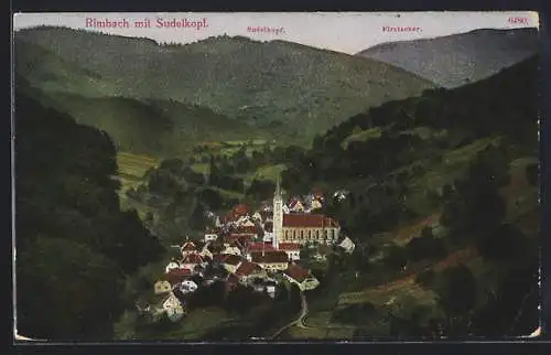 AK Rimbach mit Sudelkopf, Teilansicht mit Kirche, Sudelkopf und Firstacker