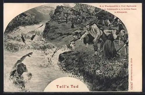 AK Küssnacht, Waldgemälde v. Prof. Bachmann i. d. Tellskapelle, Wilhelm Tell`s Tod