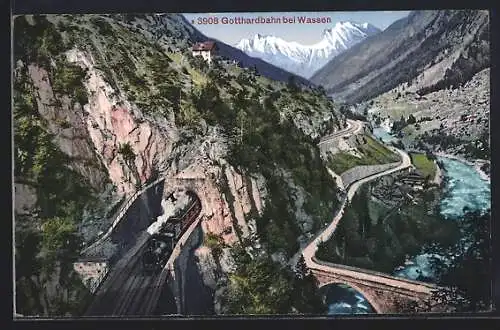 AK Gotthardbahn bei Wassen, schweizer Eisenbahn