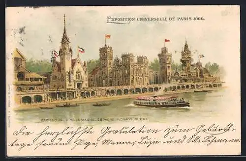 Lithographie Paris, Exposition universelle de 1900, Pavillons d`Allemagne, Espagne, Monaco, Suede