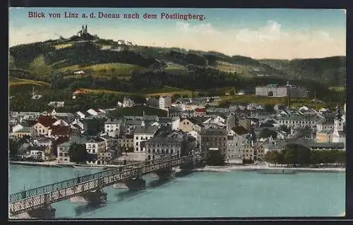 AK Linz a. d. Donau, Blick nach dem Pöstlingberg mit Brücke