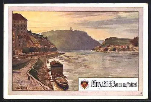AK Deutscher Schulverein Nr. 487: Linz, am Donauufer, Blick Fluss aufwärts
