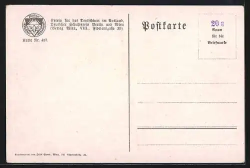 AK Deutscher Schulverein Nr. 487: Linz, am Donauufer, Blick Fluss aufwärts