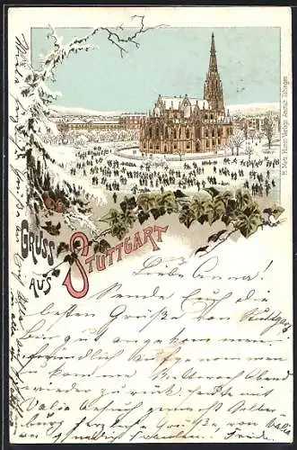 Winter-Lithographie Stuttgart, Schlittschuhläufer bei der Kirche