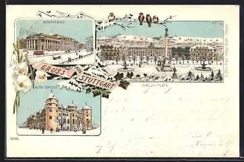 Winter-Lithographie Stuttgart, Königsbau, Altes Schloss, Schlossplatz
